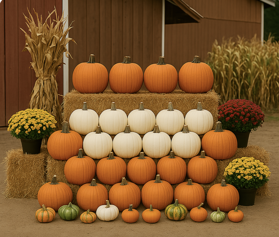 Signature Autumn Showcase with heirloom pumpkins, hay bales, cornstalks, and mums – Pacific Northwest fall décor