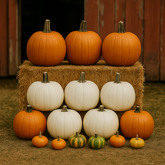 Harvest Starter porch pumpkin package with 4 large, 4 medium, 4 white pumpkins, and 6 specialty gourds – Portland Oregon