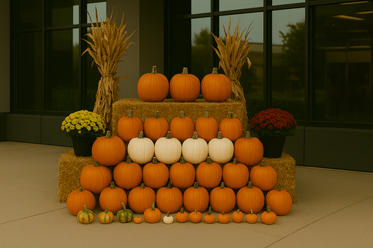 Photo-Op Pro display with pumpkins, mums, and hay bales at a storefront – Portland business seasonal décor
