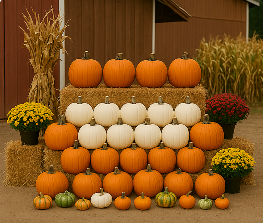 Signature Autumn Showcase with heirloom pumpkins, hay bales, cornstalks, and mums – Pacific Northwest fall décor